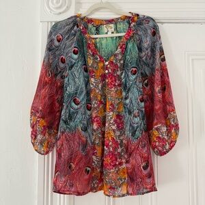 Fig and Flower Multicolor Feather Print Blouse